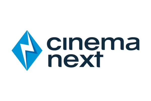 CinemaNext written in black on a white background with a lightening bolt in a blue triangle to the left.