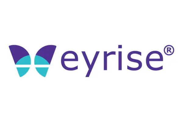 A purple and teal butterfly outline next to the word eyerise.