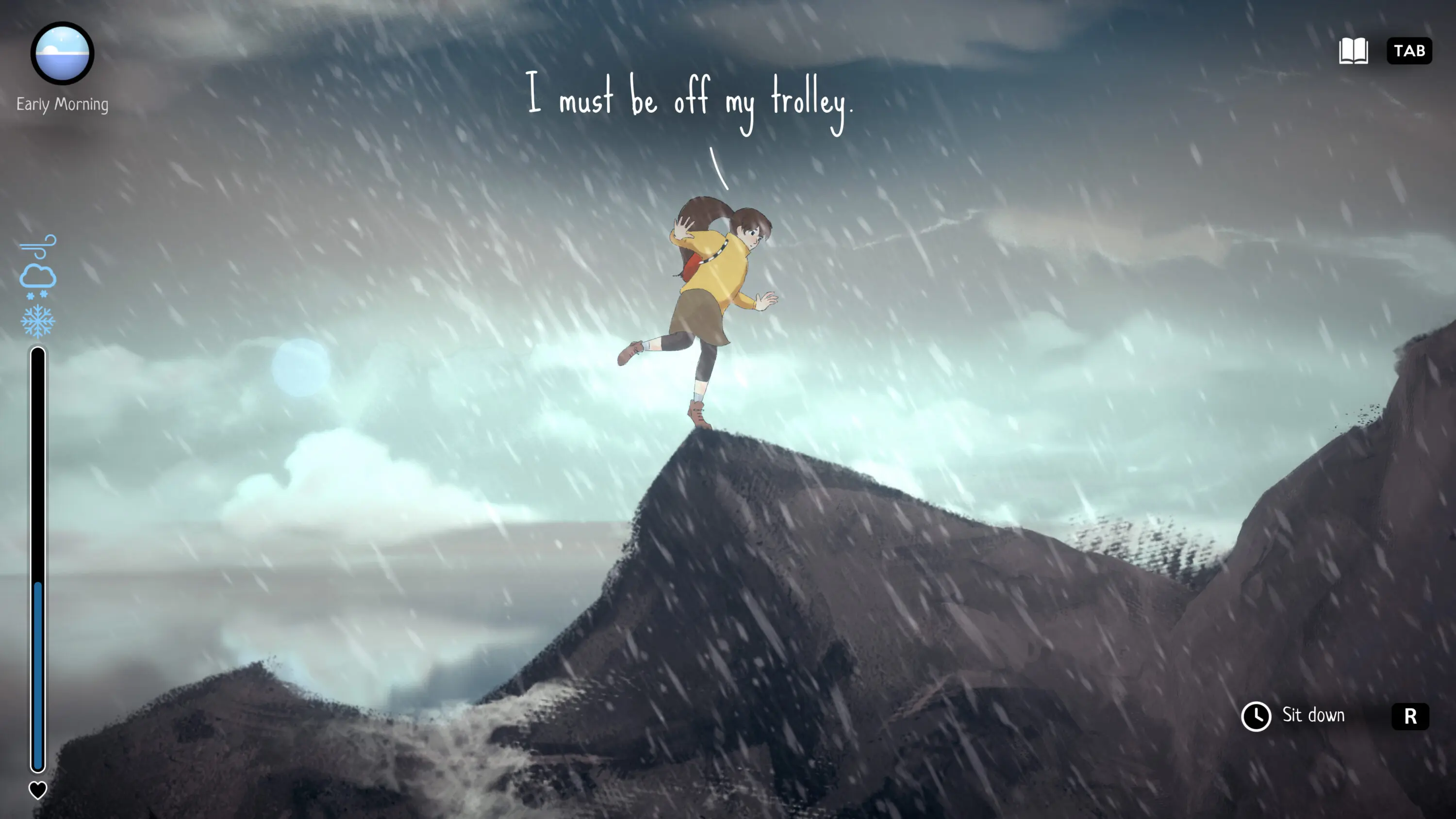 An animated image of a girl with long brown hair tied in a ponytail, wearing a yellow jumper, red backpack, brown skirt and black leggings. She is stood on one foot balancing on the peak of a hill. The words 'I must be off my trolley' are above her head.