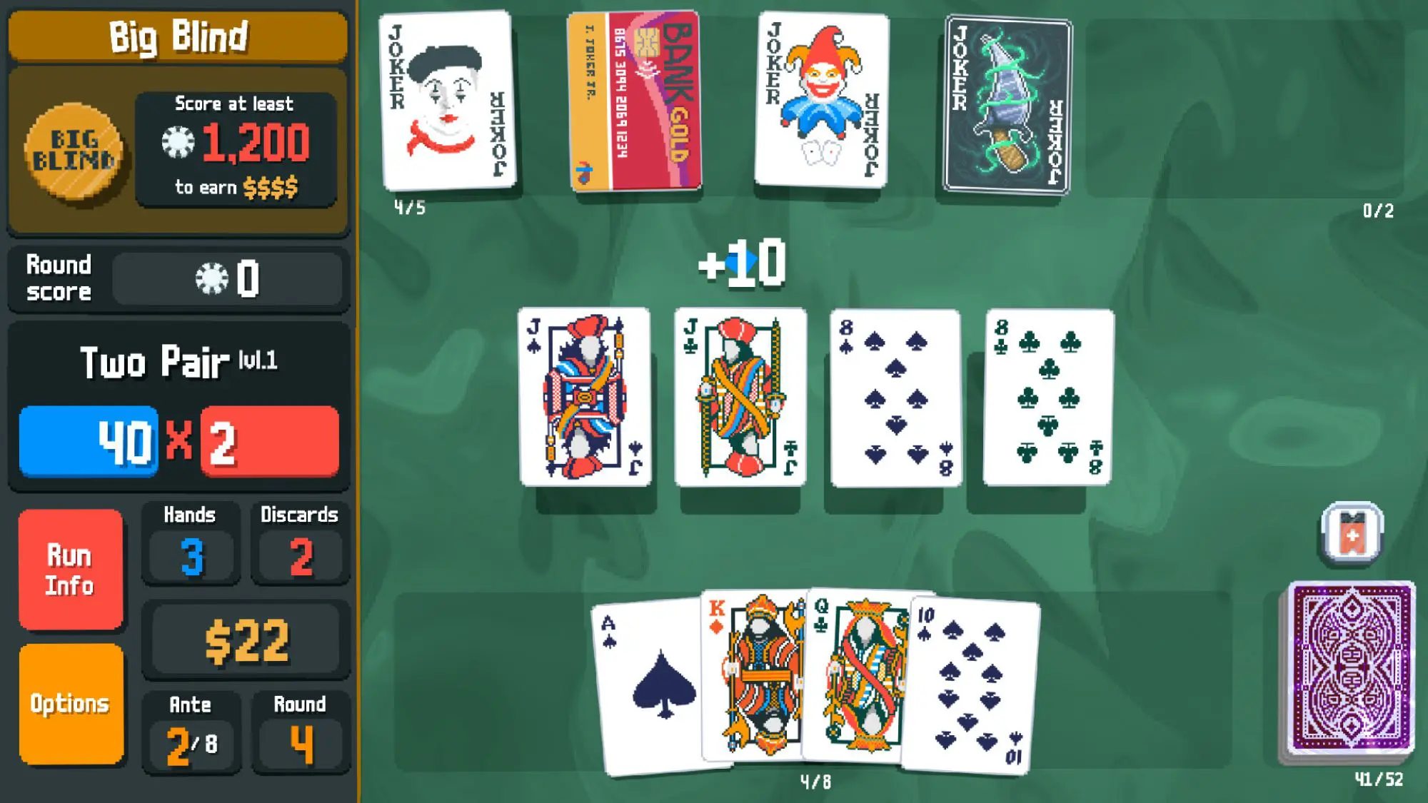 A card game laid out on a green background. On the left of the image are the words Big Blind and a scoreboard.