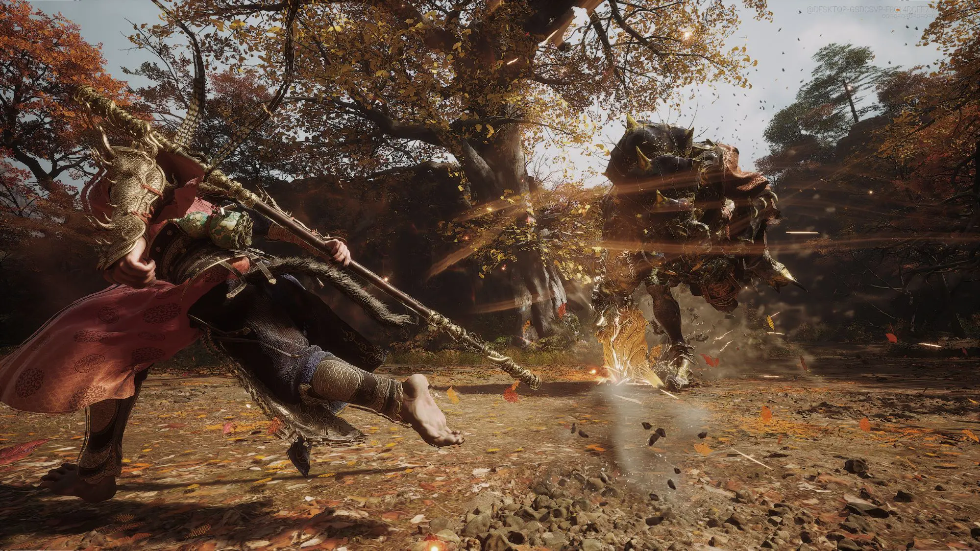 Two figures dressed in armour fighting in a wooded area.