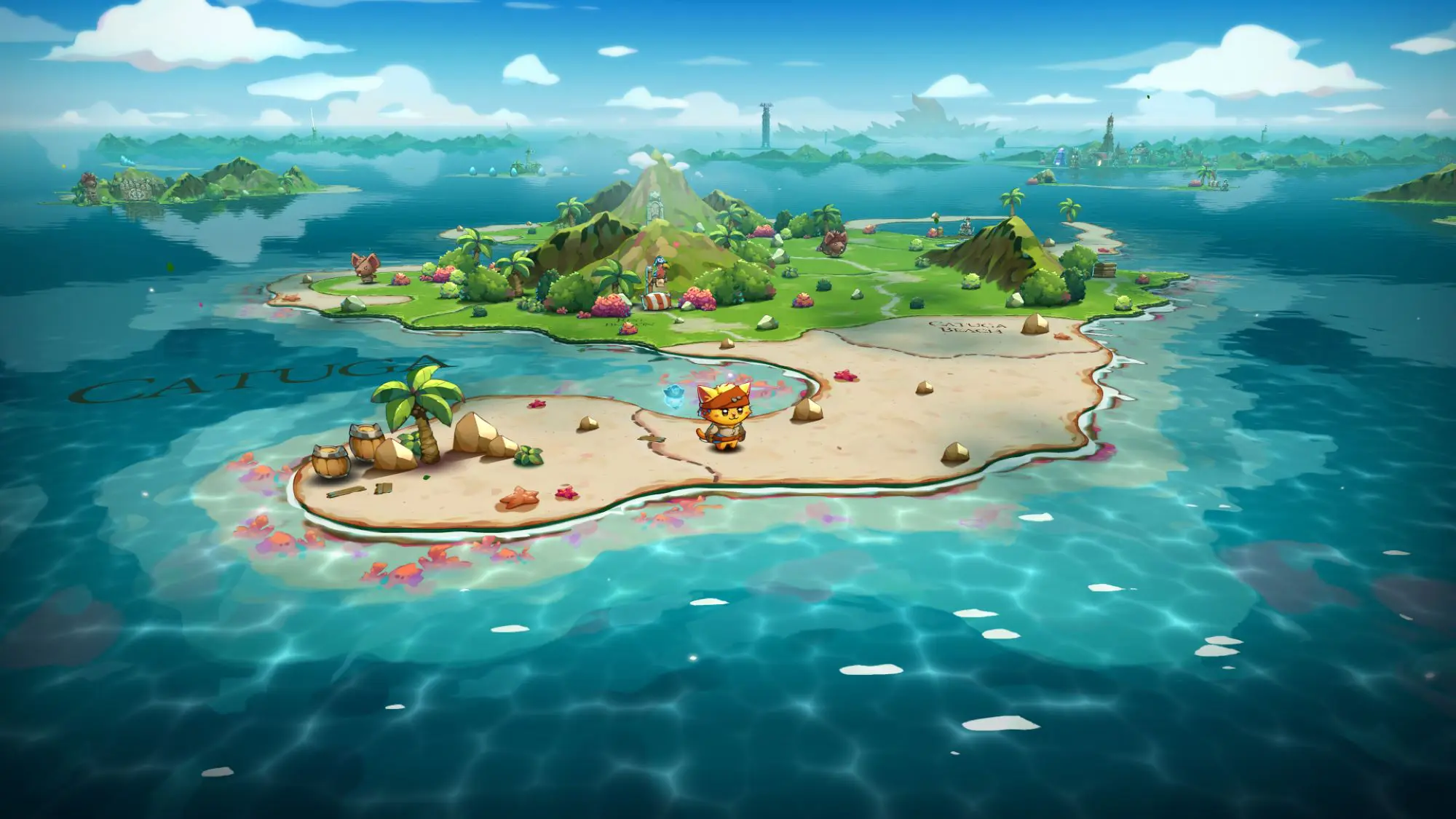 An island with a pirate cat on it and the words Catuga in the water.