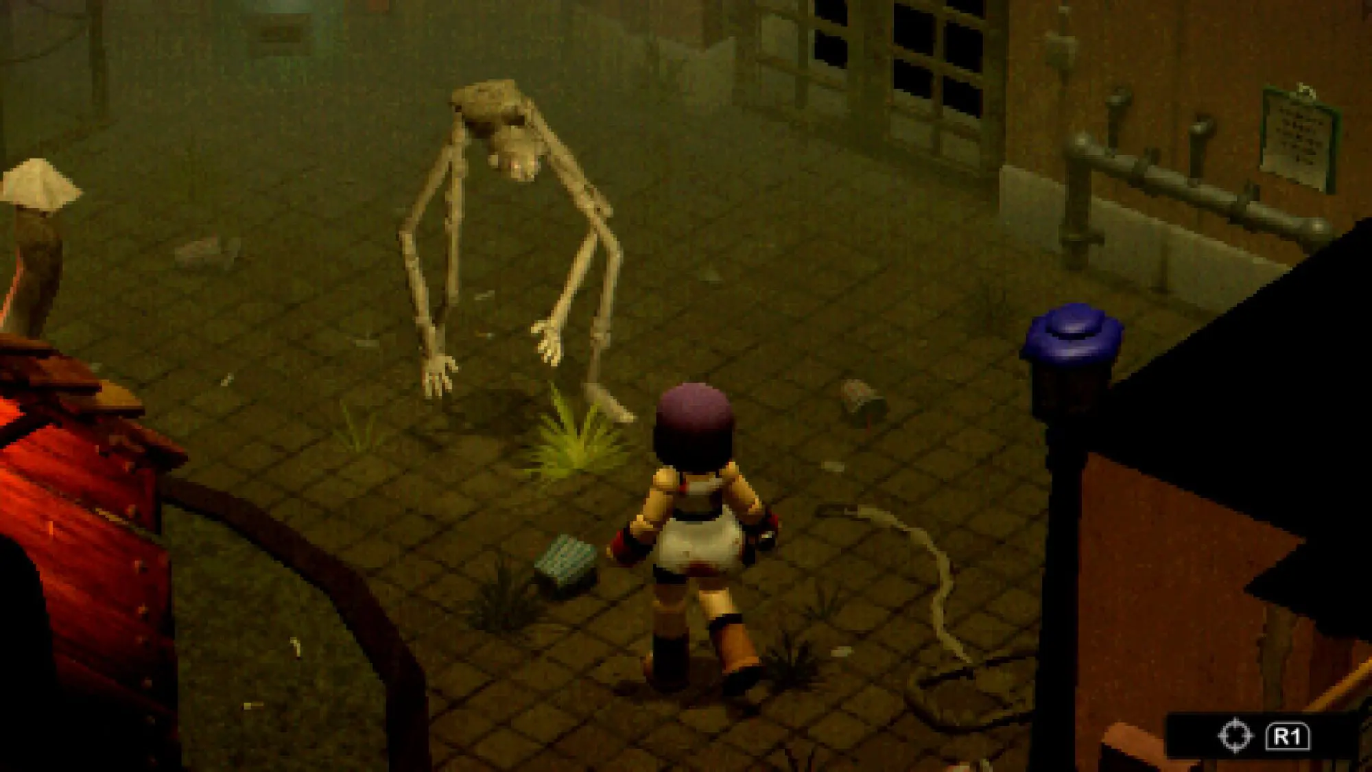 A graphic image of a person with a purple bob walking towards a skeleton figure.
