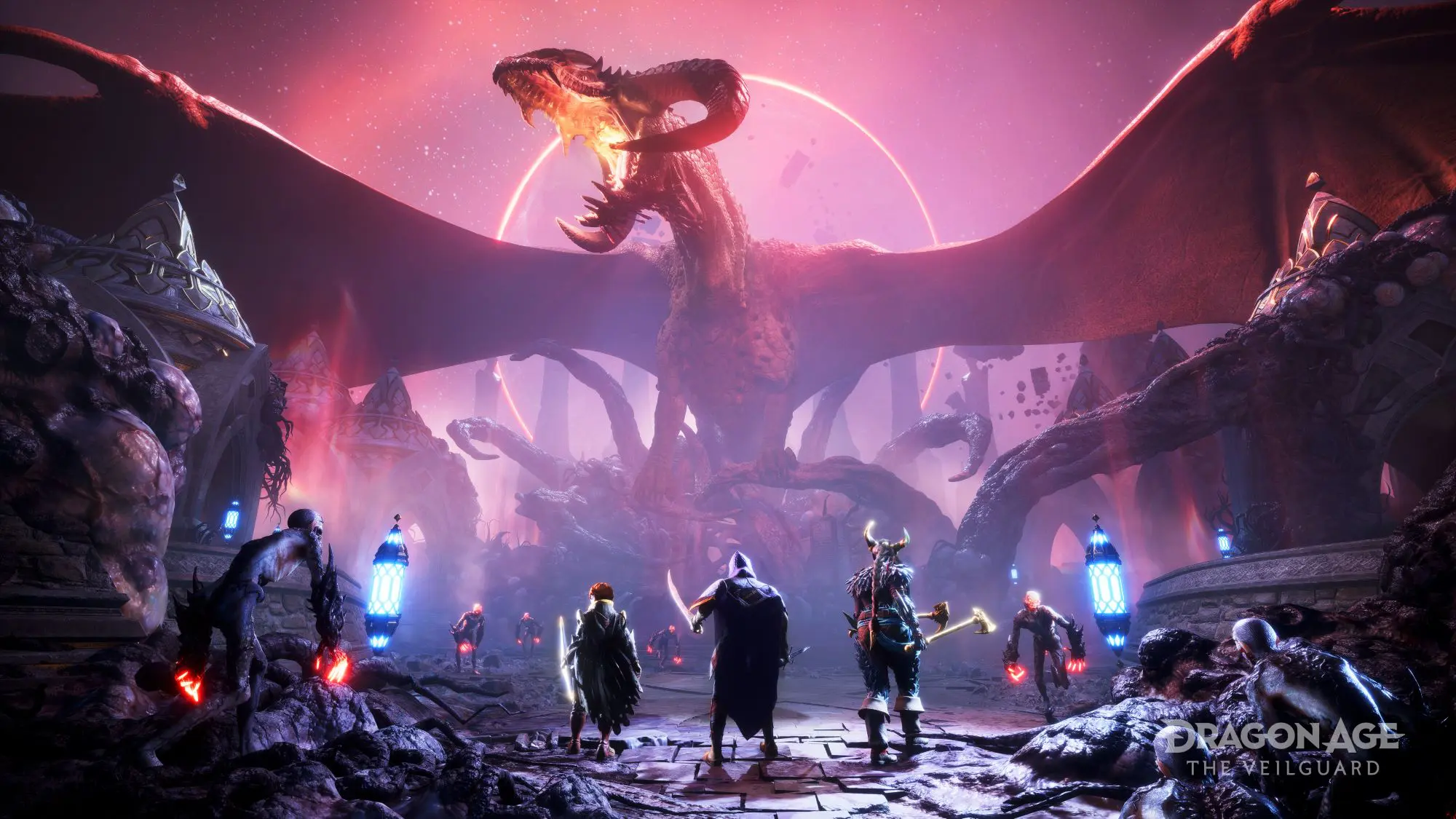 A giant dragon breathing fire with three figures ready to do battle stood in front of it.