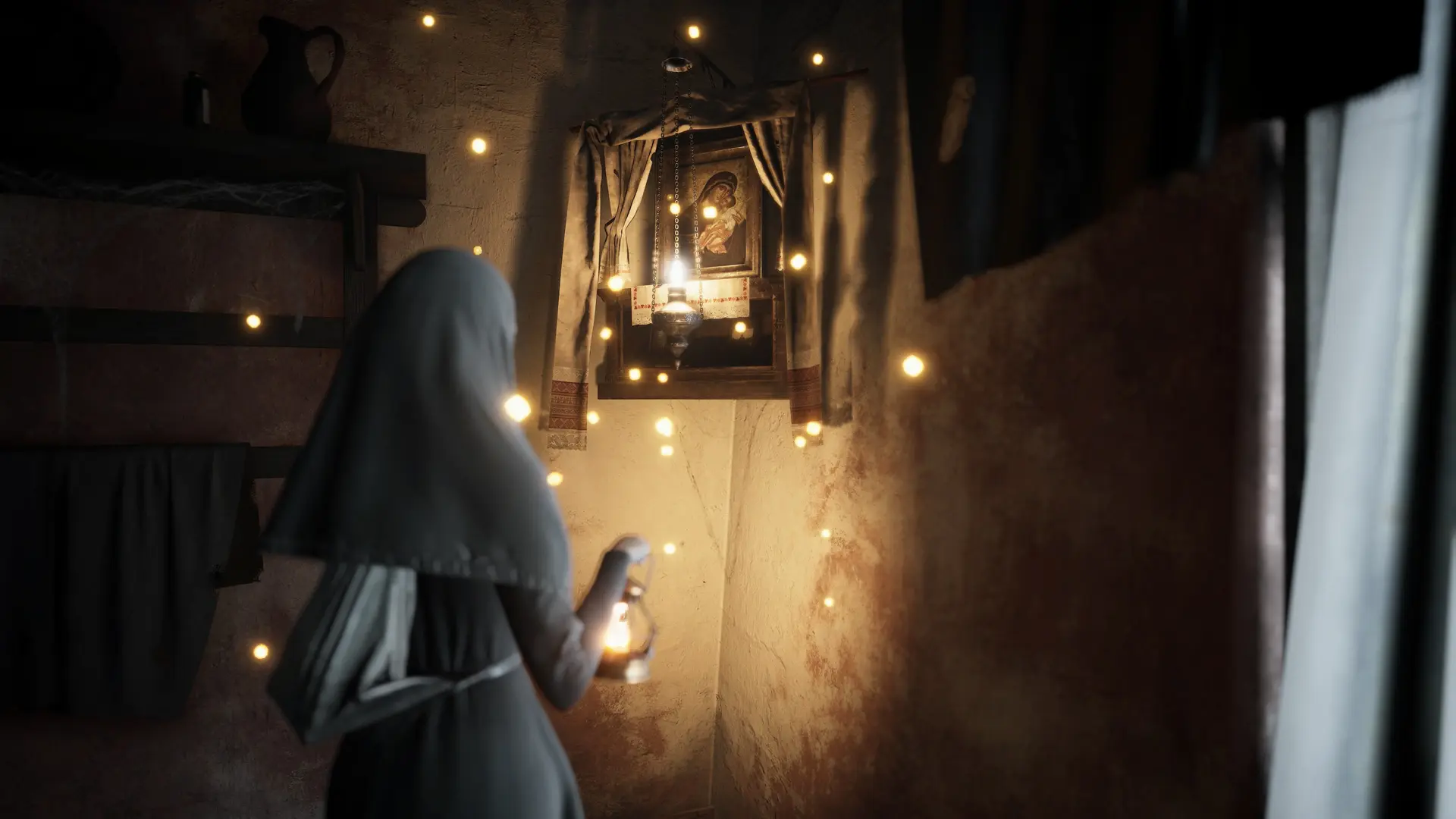 A figure in a greyish-blue nun type outfit stood looking into a small square mirror with lights dotted around it.