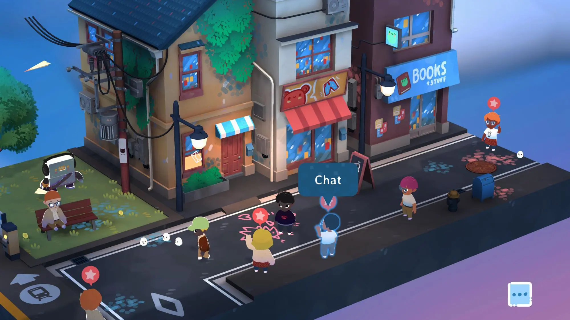 Cartoon children walking down a street with action bubbles above their heads.