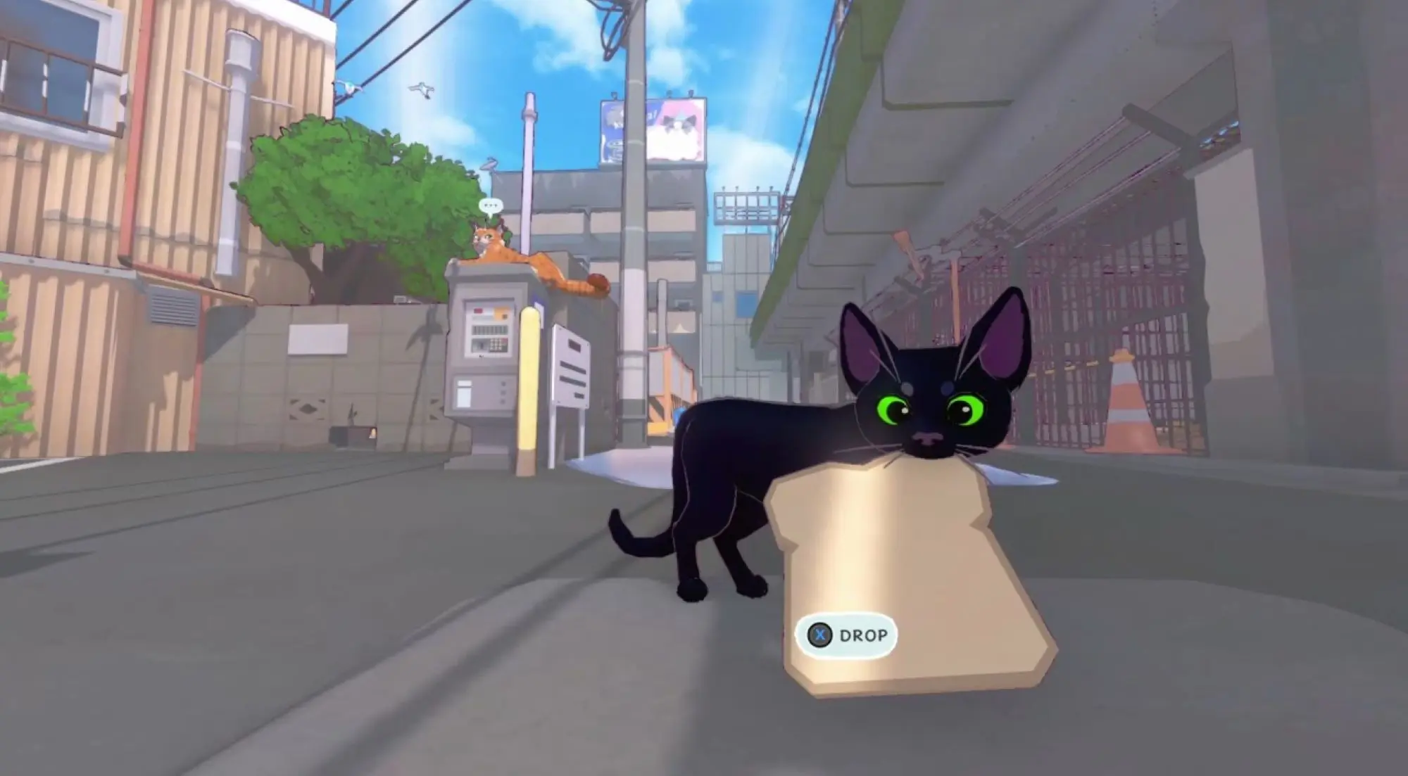 A black cartoon cat with green eyes carrying a large piece of bread in it's mouth and walking across a road.
