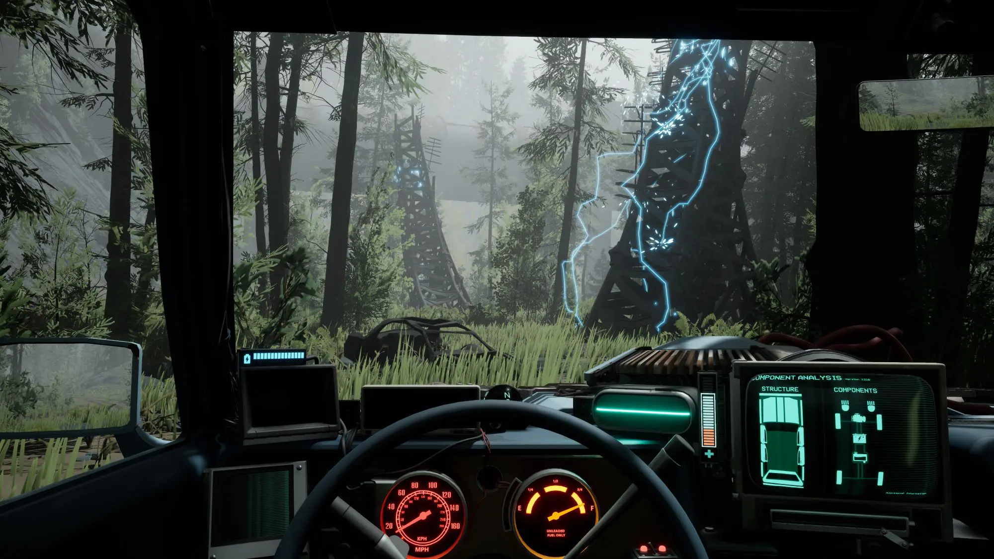The inside of a vehicle with a forest visible through the windscreen and lightening in the corner.