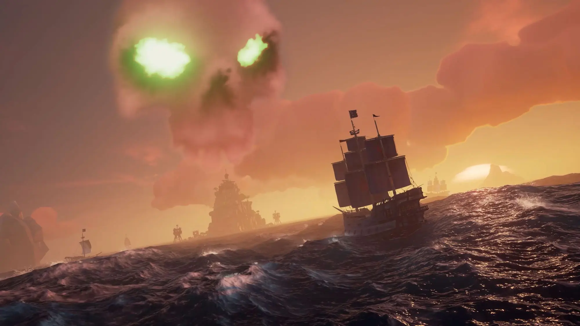 A boat at sea with a cloud shaped like a skull, with glowing eyes, above it.