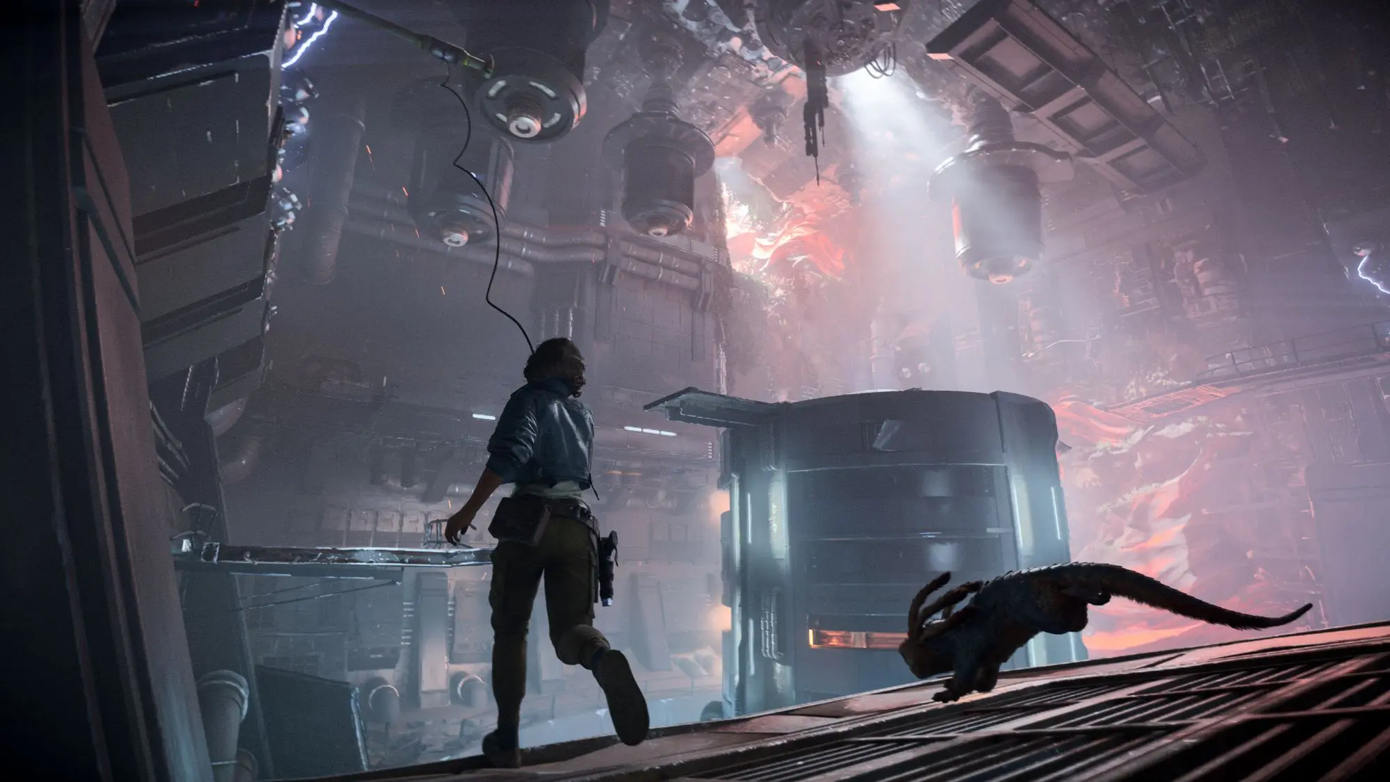 An industrial looking room with a big barrel in the middle and the figure of a man with a lightsabre attached to his waist and an animal like figure following him.