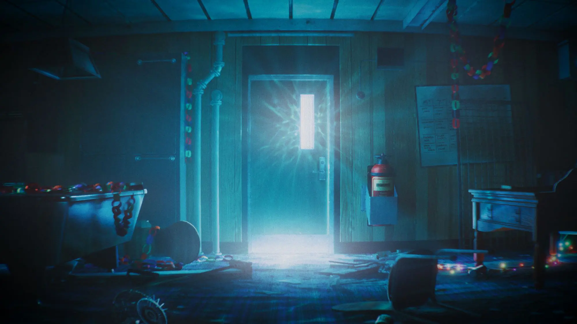 A dark room with a glowing door at the far end with a fire extinguisher next to it.