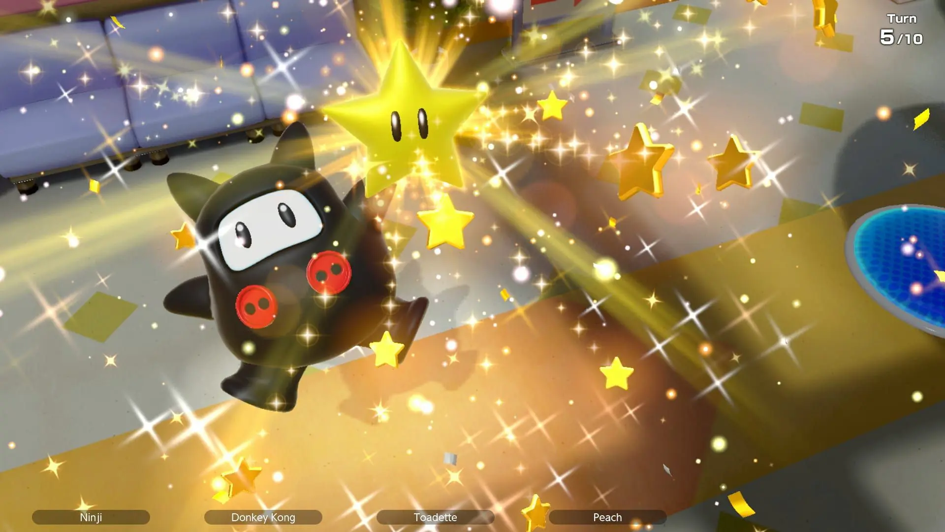 A star with eyes and a blob shaped character wearing a black bodysuit with ears and bright red buttons.