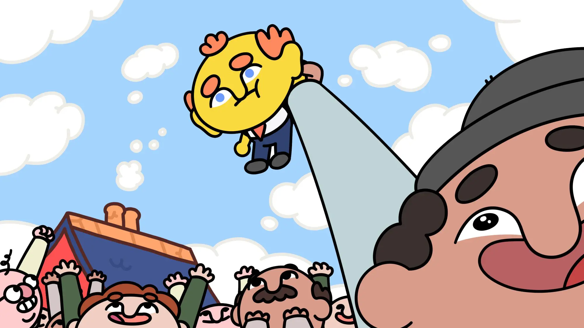 A yellow large headed cartoon man at the top of a pole with smaller cartoon people waving below.
