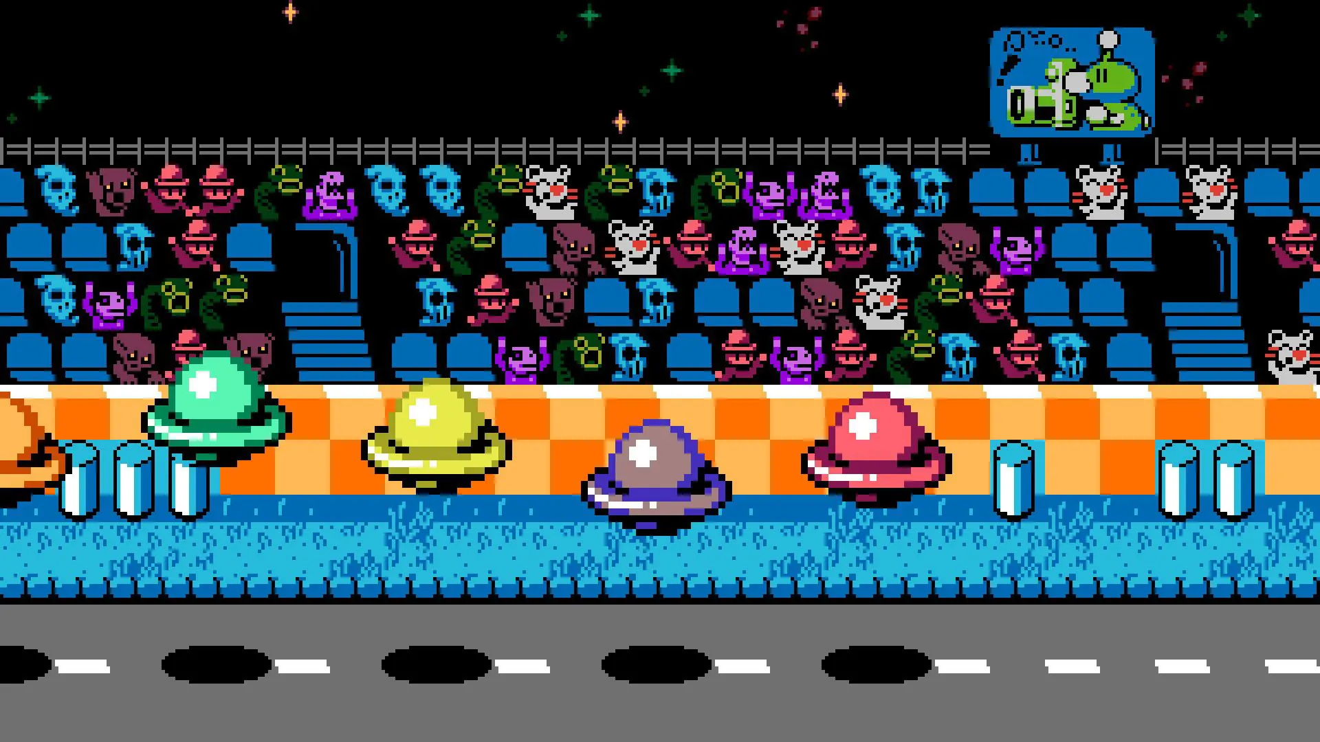 A stadium filled with mice and other creatures facing a row of colourful UFOs.