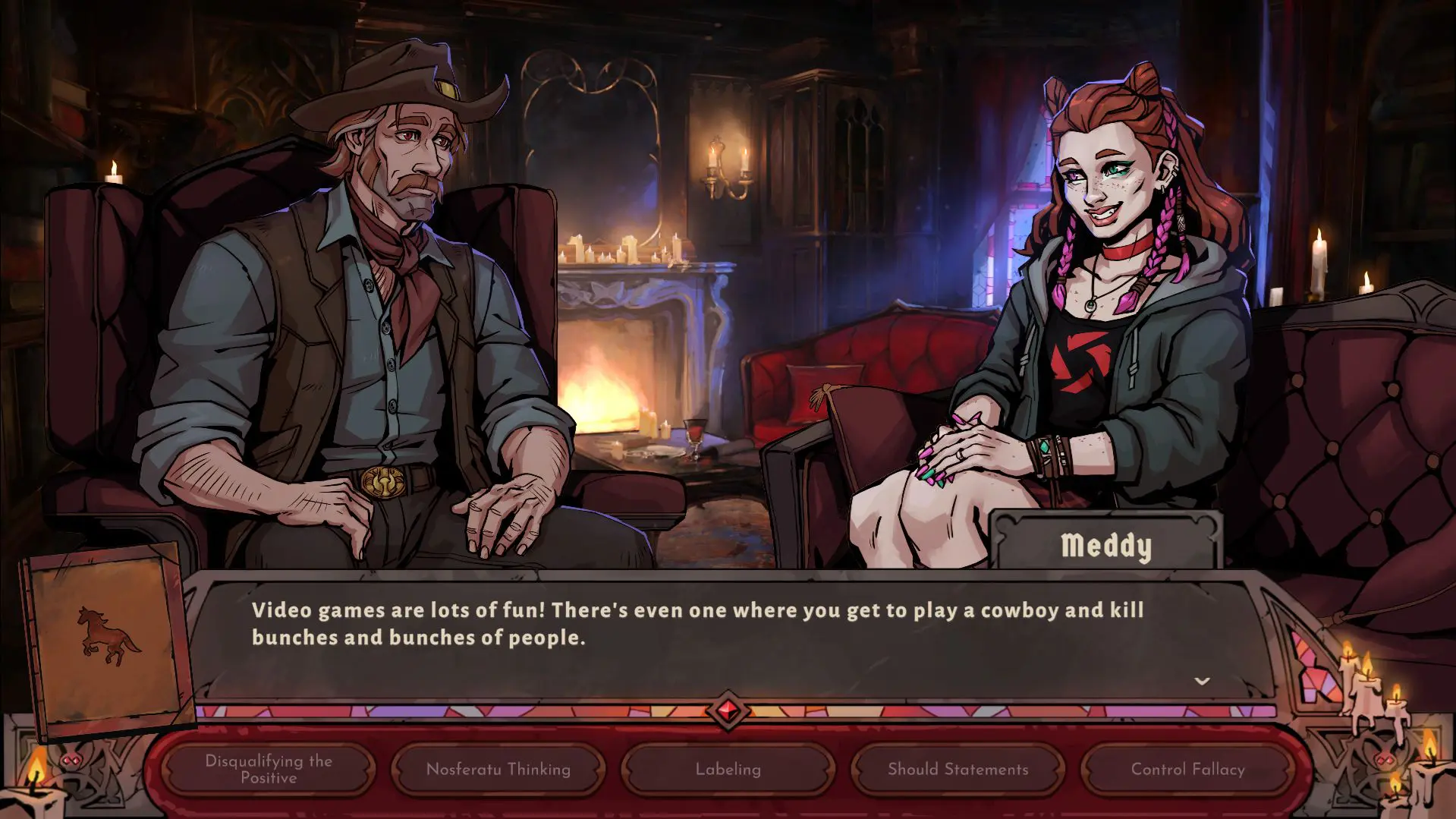 Two animated characters one man that looks like a cowboy and one punky looking woman in a hoodie. There is a text box below them.