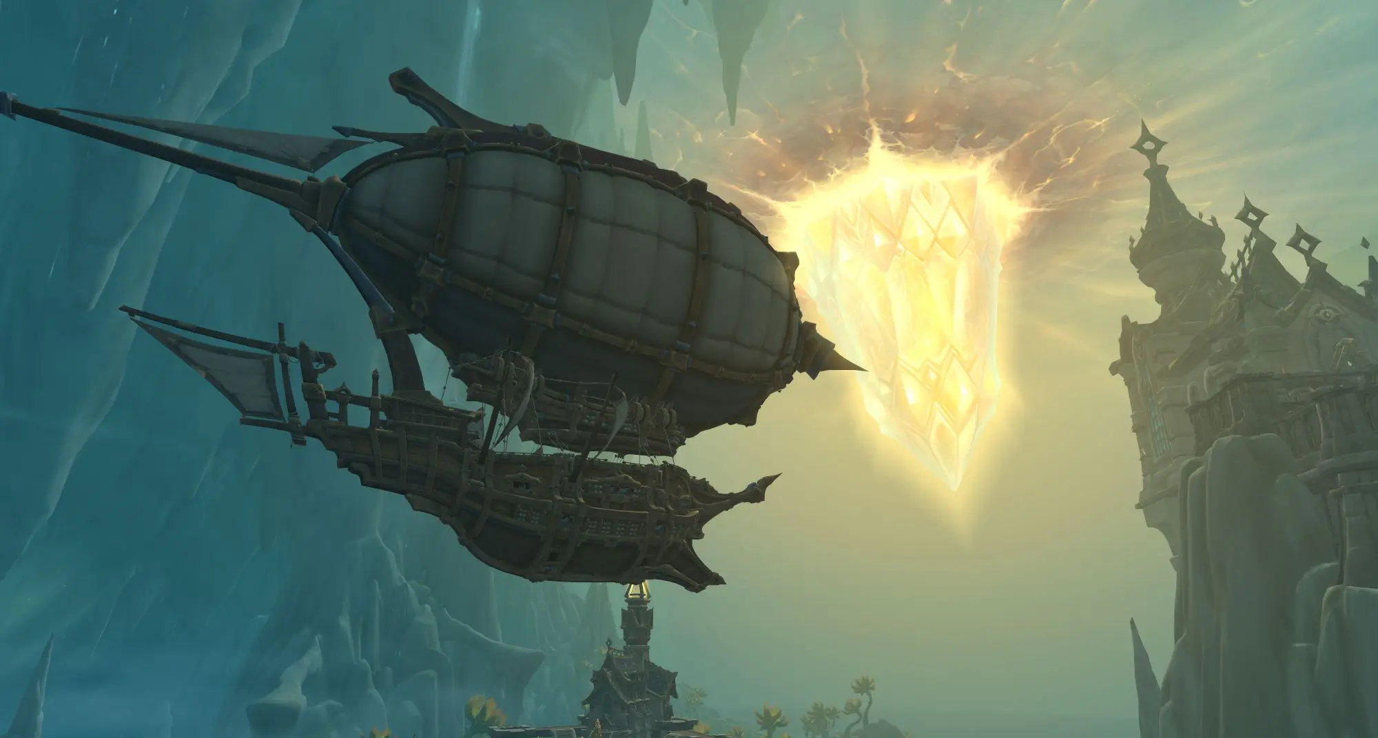 A ship shaped zeppelin heading towards a glowing crystal.