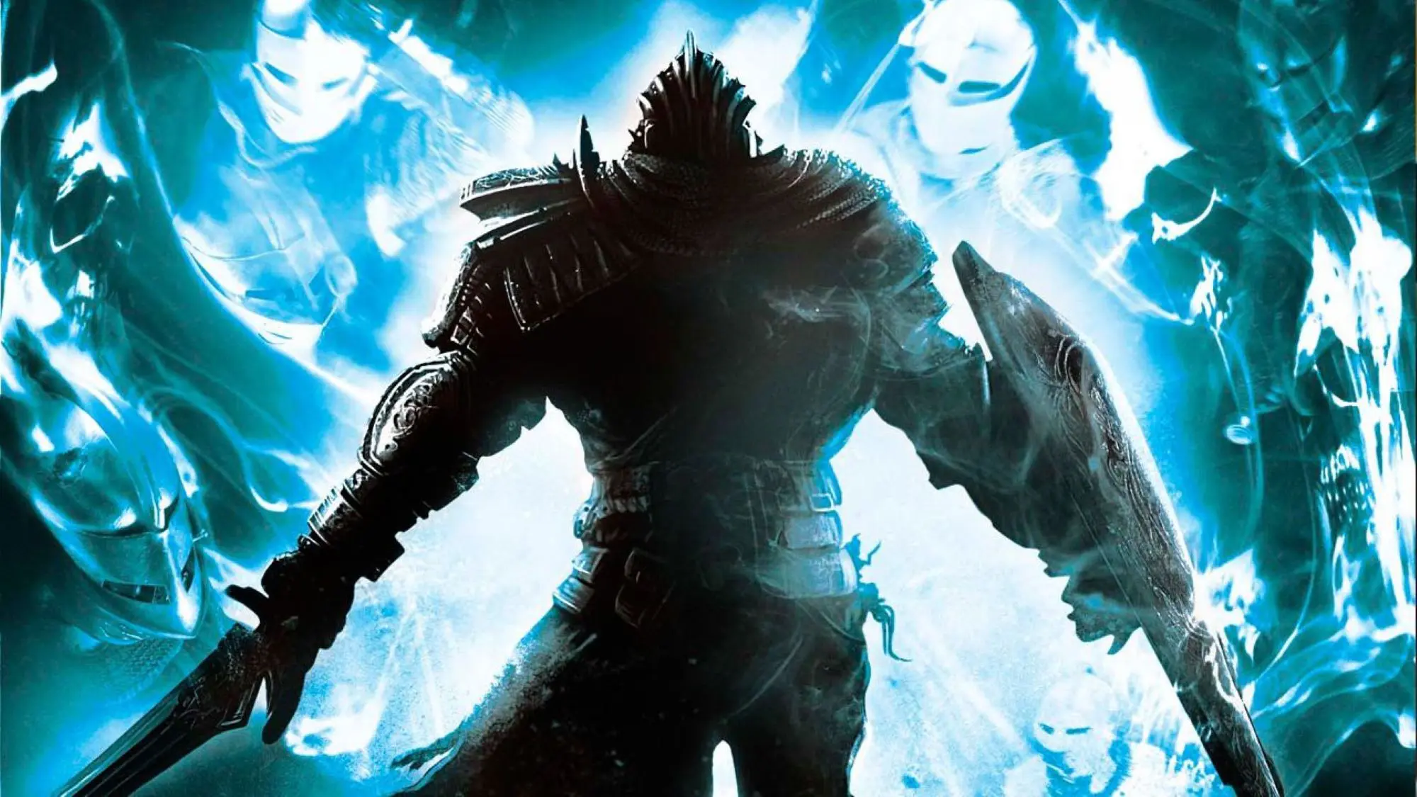 A still form the Dark Souls game. It shows an armed warrior with a sword and shield preparing to battle blue ghostly figures.