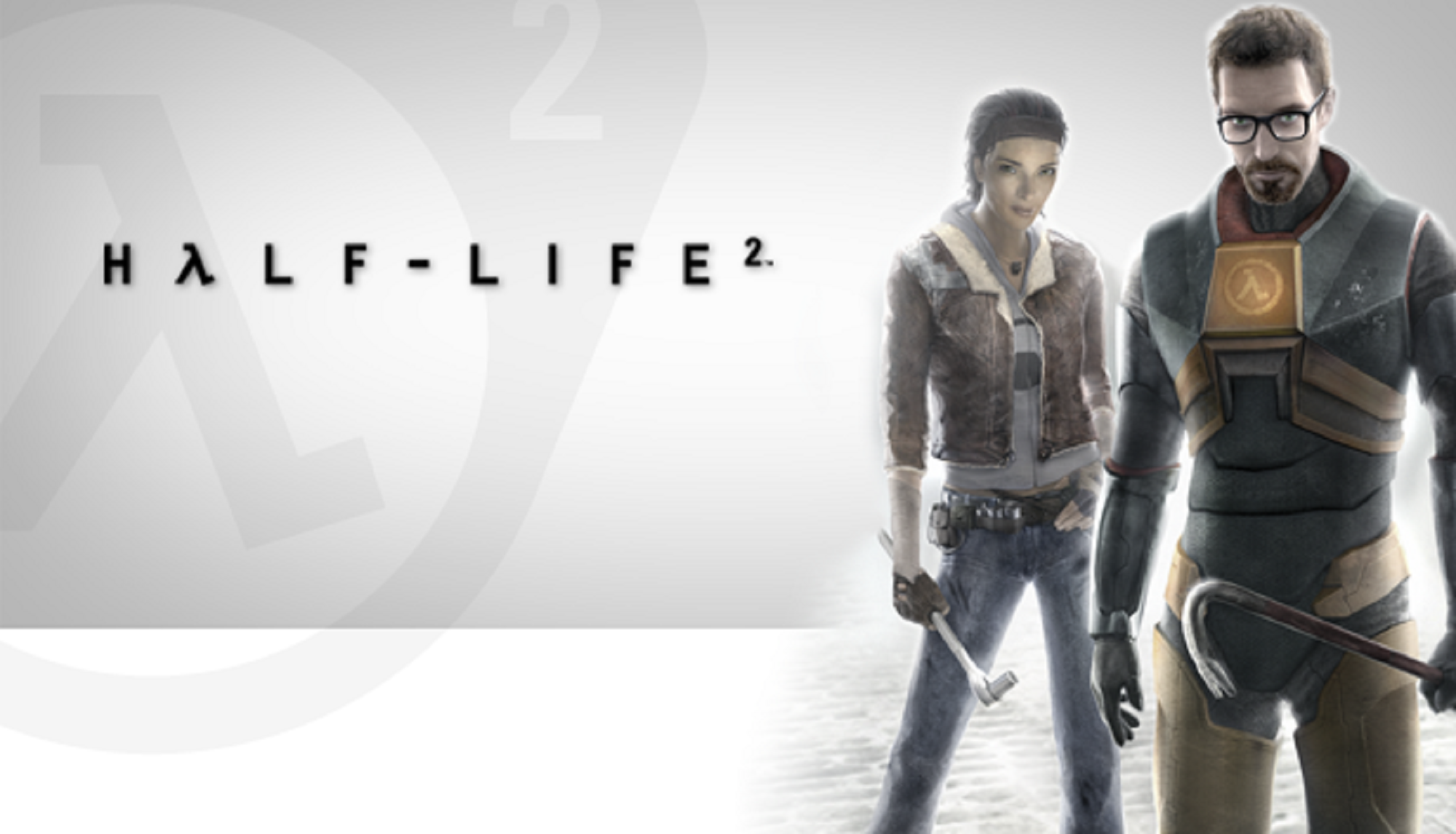 A promotional poster for the Half Life 2 game. A man and woman stand to the right of the title against a white background. They are holding metal weapons.