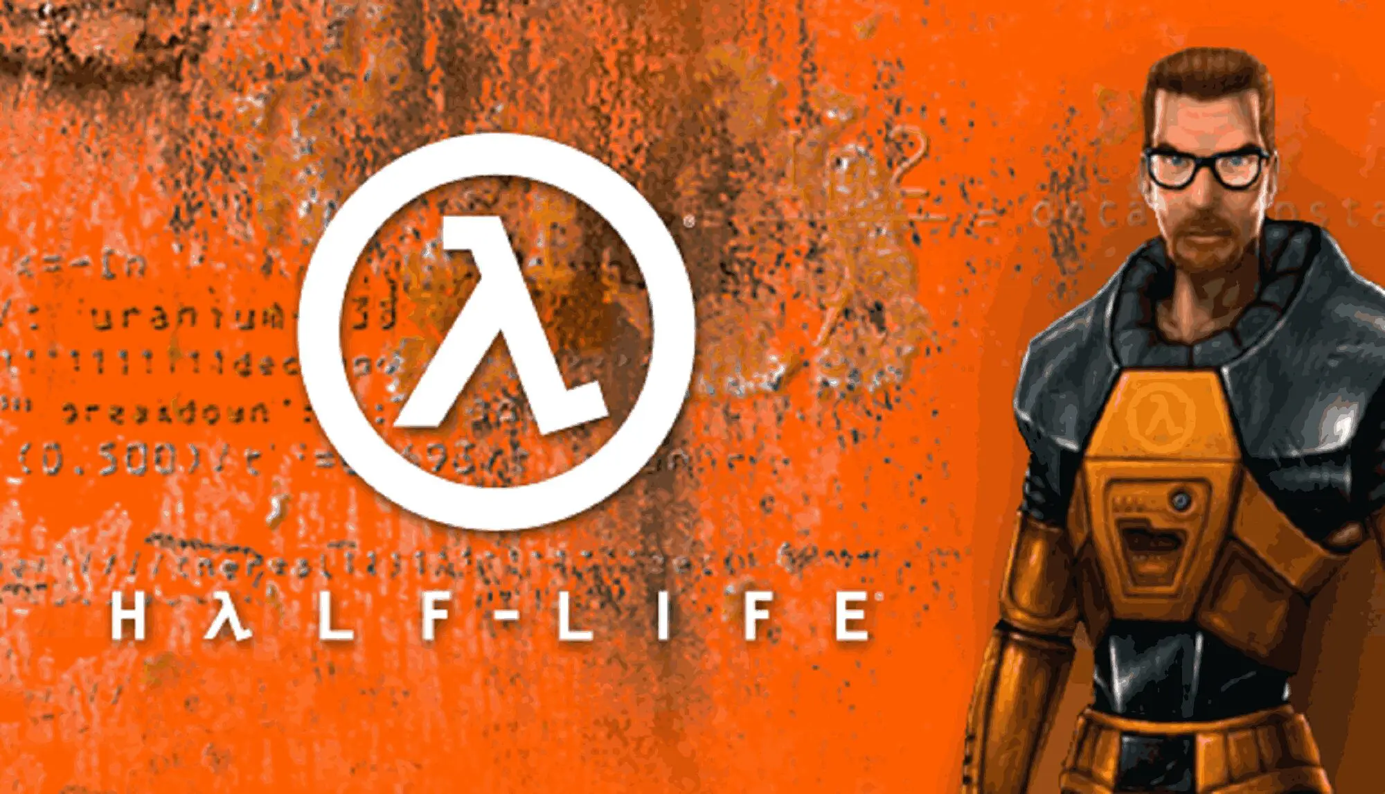 A promotional poster for the Half Life game. A man with ginger hair and black glasses wearing a yellow and black armoured suit stands to the right of the title against an orange background.