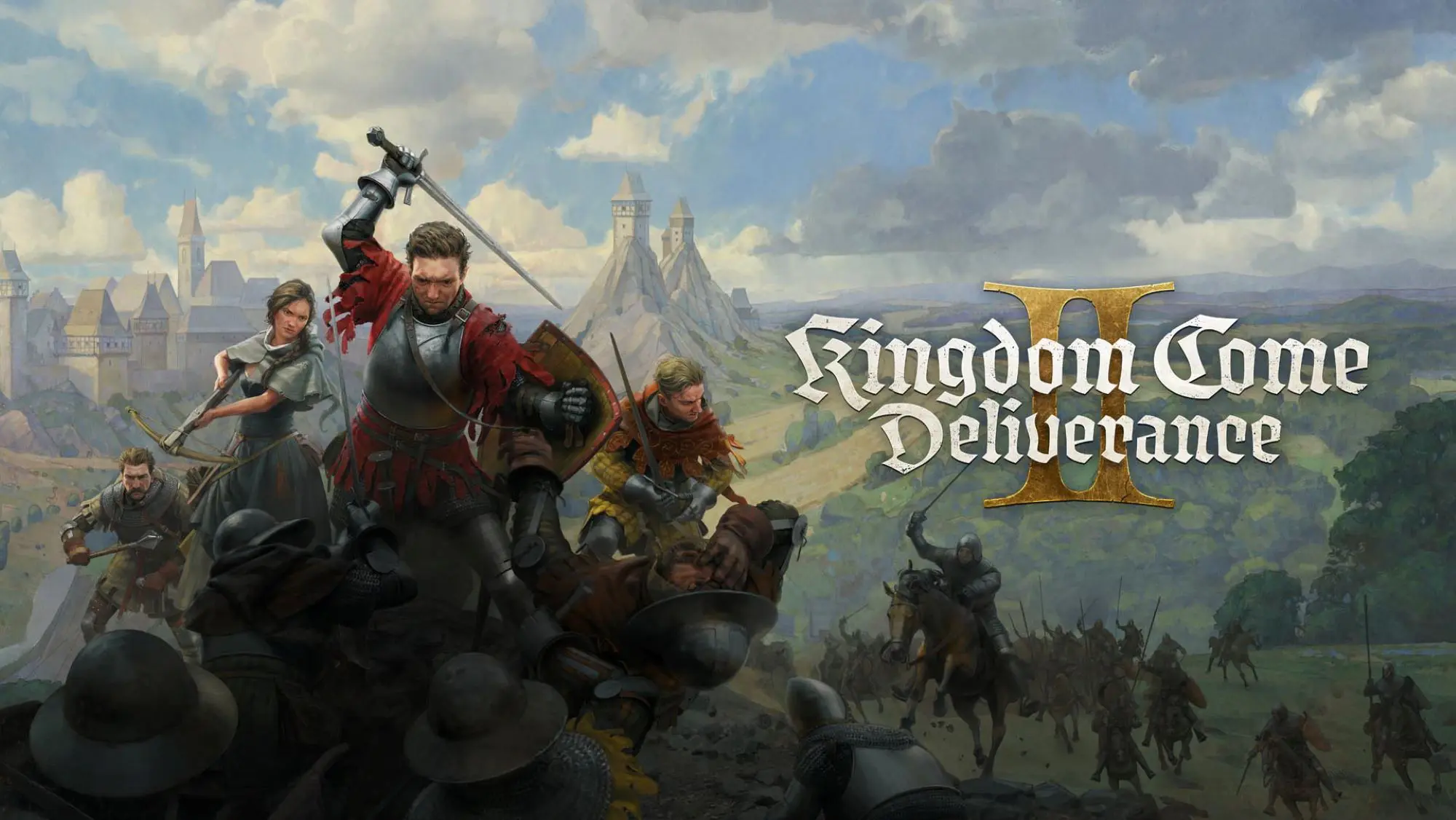 A promotional poster for Kingdom Come Deliverance II. It shows four figures in armour fighting with bows and swords in front of a castle in the background.