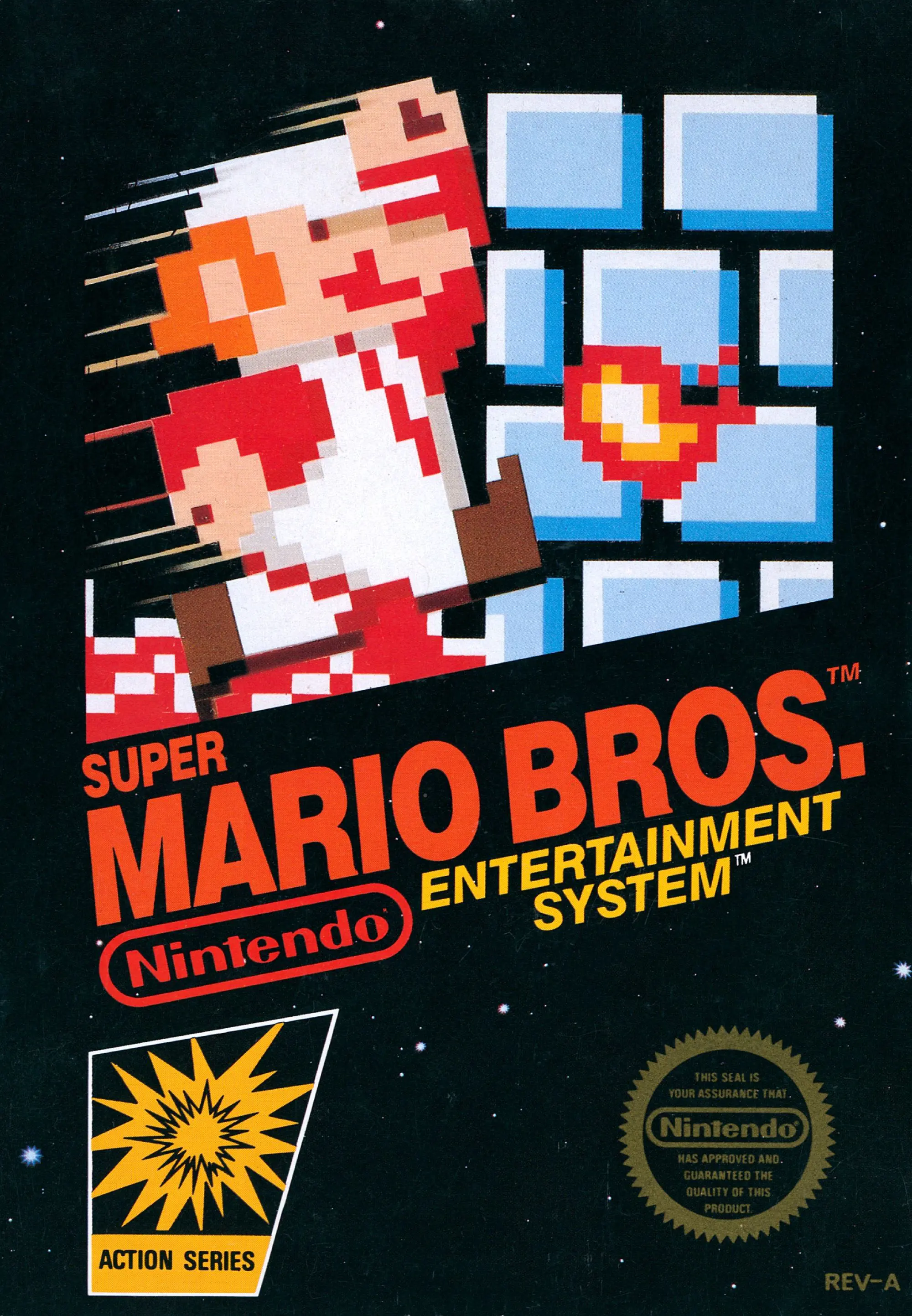 A promotional poster for the Super Mario Bros game. It shows a male figure in a red and white outfit running towards a wall on a black background.
