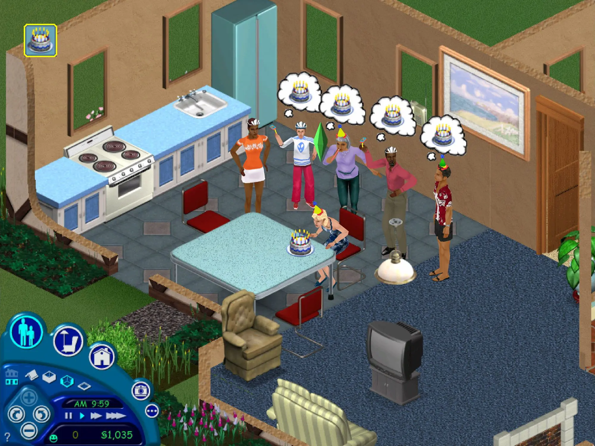 A still from The Sims game. Five figures stood around a sixth figure who is sat at a table blowing out the candles on a birthday cake.