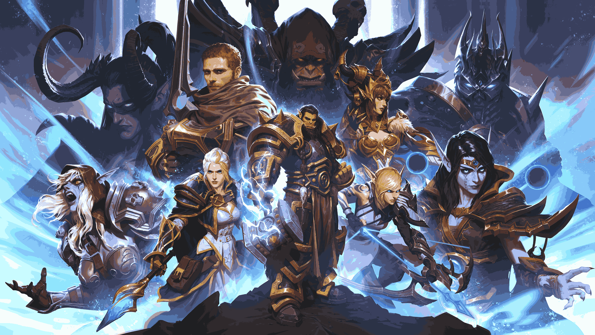 A promotional poster for the World of Warcraft Game. A group of ten warrior characters dressed in brown and gold armour depicted amongst blue ice.