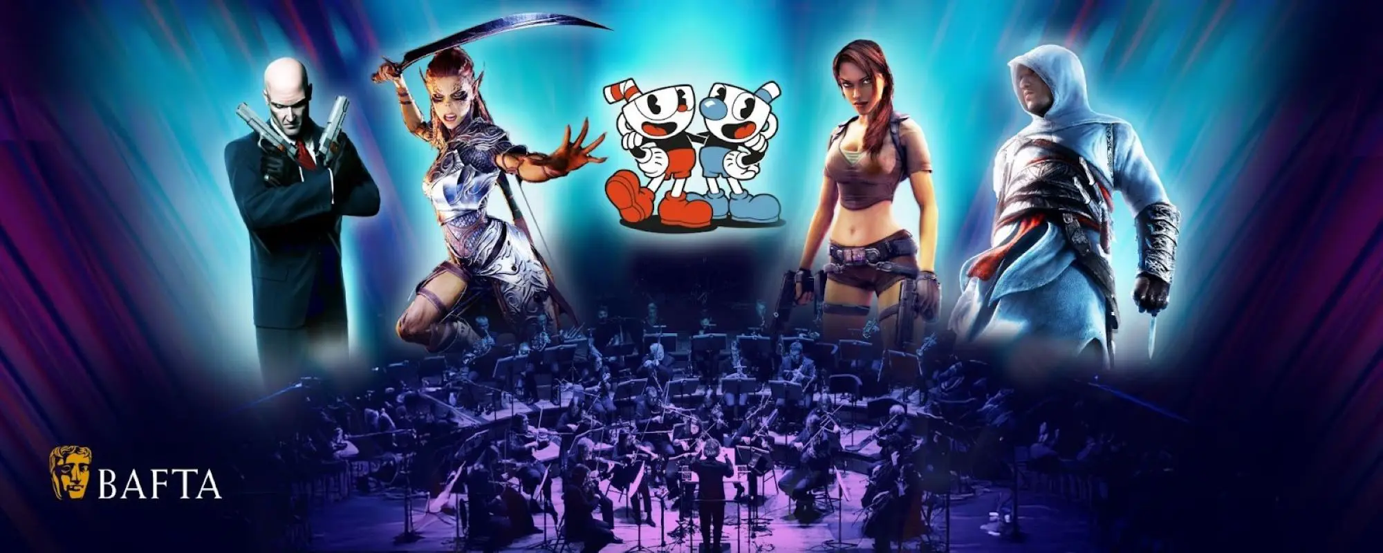 A composite image of a live orchestra with various computer game characters floating above them.