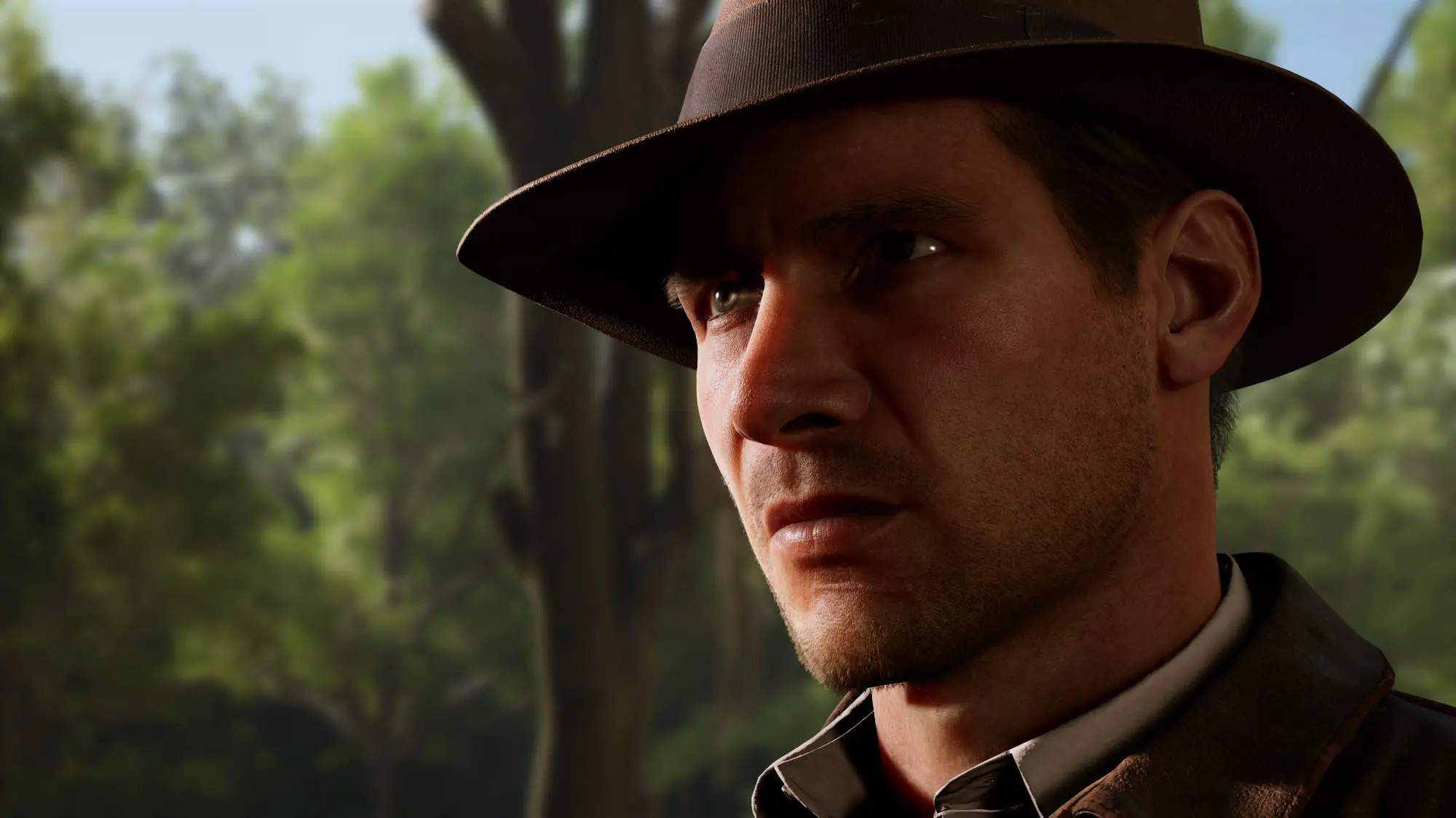 A still from the game Indiana Jones and the Great Circle. A serious looking man wearing a dark fedora and jacket in a jungle.