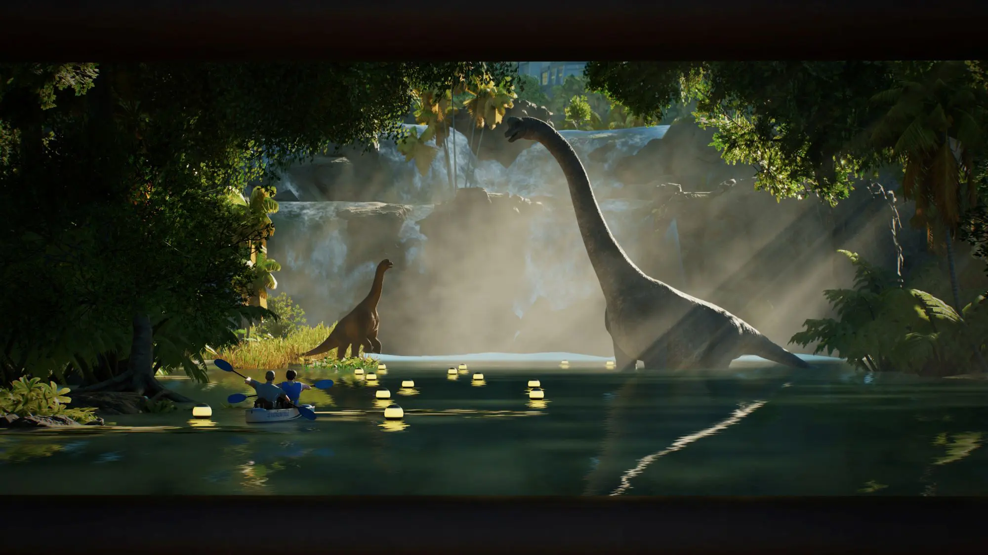 A still from the game Jurassic World Evolution 3. Two long necked dinosaurs, one big and one small, wade through a lake as two people row a small boat towards them.