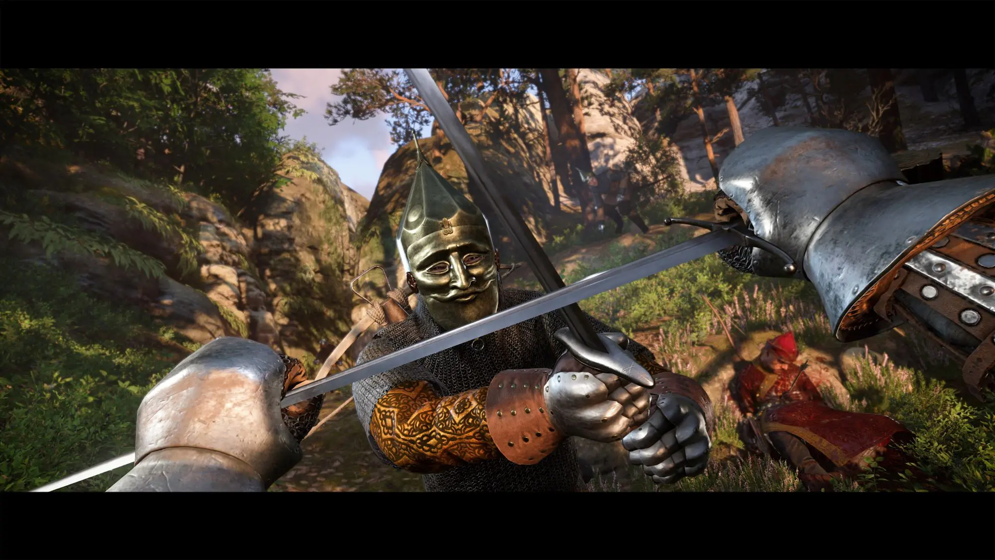 A still from the game Kingdom Come Deliverance II. A figure wearing a full metal face mask and built in helmet holding up a sword and fighting an unseen opponent.