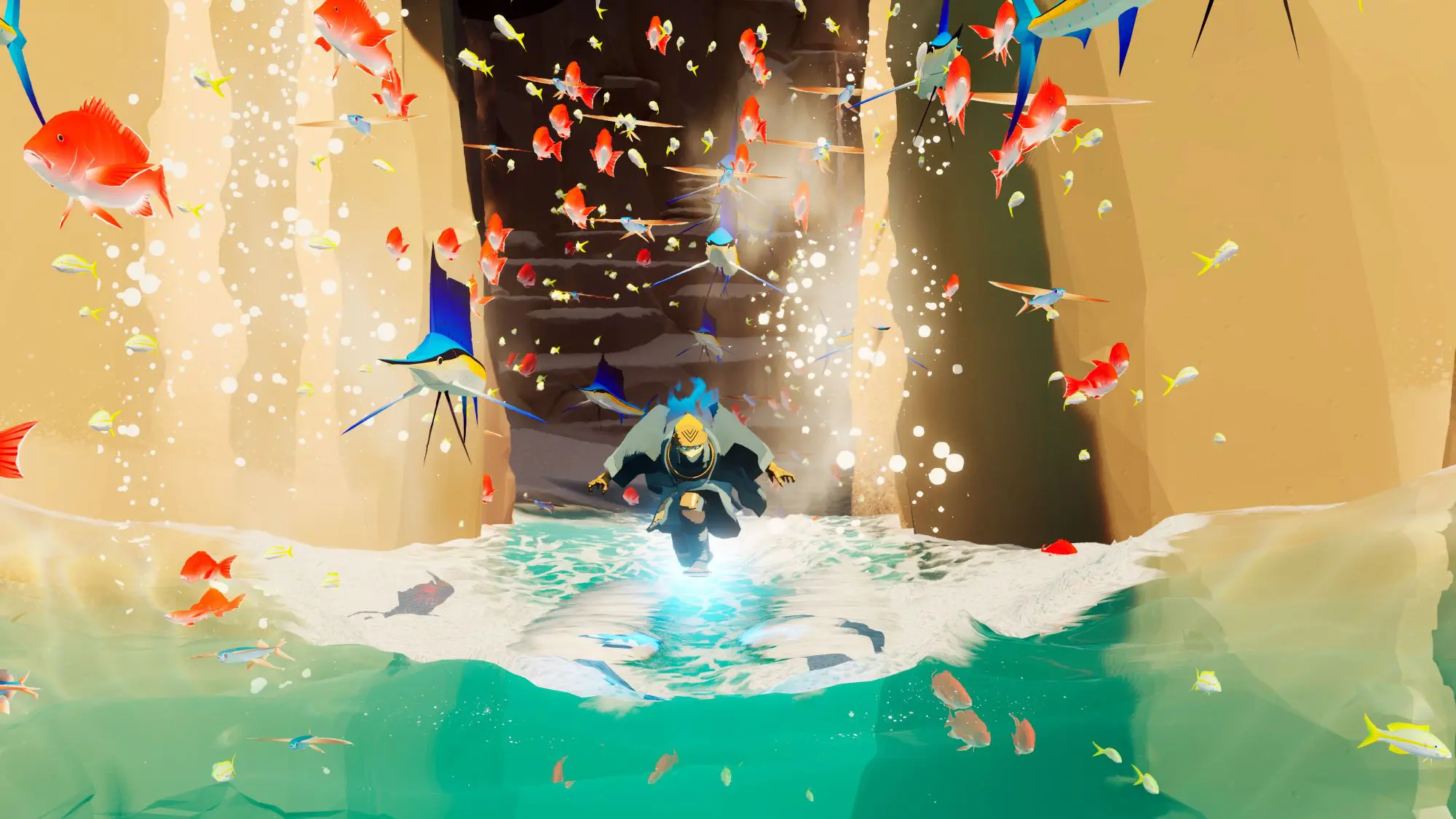 A still from the game Sword of the Sea. A figure seemingly running across water with flying fish all around.